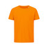 An orange T-shirt with a crew neck and short sleeves. It has a simple design and a logo on the label.