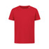 A bright red kids' T-shirt featuring a simple design and a logo on the front. Suitable for sports activities.