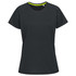 A dark green women's active t-shirt with a round neckline and a contrasting bright green trim. It features a logo.