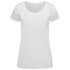 A white women's T-shirt with a scoop neckline and short sleeves, featuring a logo.