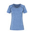 A blue athletic T-shirt with short sleeves and contrasting seams, featuring a logo.