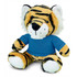 A plush tiger toy features orange and black stripes, with a blue shirt and white accents on the face and paws.