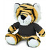 A plush tiger toy featuring orange and black stripes, wearing a black shirt, with soft fur and white accents.
