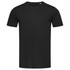 A black cotton t-shirt with a crew neck and short sleeves, featuring a logo.