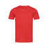 A red t-shirt with short sleeves and a round neck, featuring a logo on the label.