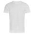 A plain white T-shirt with short sleeves and a round neckline. It features a logo on the chest.