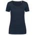 A women's navy blue T-shirt with a scoop neckline and short sleeves, featuring a small branding logo.
