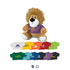 A plush lion toy with a fluffy mane, featuring a colourful T-shirt with a logo. Multiple T-shirts are displayed below.