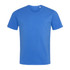 A blue crew neck t-shirt featuring short sleeves and a plain design. It has a small logo on the neckline.