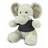 A soft grey elephant plush toy wearing a black shirt, featuring large ears and a friendly expression.