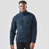 A navy fleece jacket with a zip front and stand collar, featuring a logo and two side pockets.