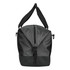 A black duffle bag with a zippered top and adjustable shoulder strap, featuring a logo on the front.