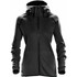 A women's hoody in charcoal grey with a zip front, featuring a hood and side pockets. It has a logo on it.