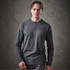 A grey long-sleeve Henley shirt for men, featuring a buttoned placket and a fitted style.