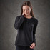 A long-sleeved black henley shirt featuring a buttoned neckline and relaxed fit, with a subtle branding element.