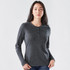 A long-sleeved grey henley shirt for women with buttons and a fitted style. It features a logo on the front.