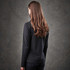 A long-sleeve black henley shirt featuring a fitted style and a smooth fabric finish, with a logo on the back.