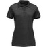 A women's polo shirt in black with grey stripes, featuring a collar and a logo on the side.