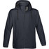 A dark navy rain jacket featuring a hood and zippered pockets, with a logo on the lower front.