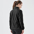 A black women's rain jacket featuring a high collar and elastic cuffs, with a logo on the back.