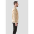A beige men's crew neck fleece sweater displayed on a male model, shown from the side. It features a logo.