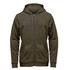 A full zip hoodie in olive green featuring a hood and front pockets, with a logo on the chest.