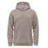 A men's fleece pullover hoody in a tan colour, featuring a front pocket and a hood. It has a logo on it.