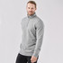 A grey men's quarter zip pullover with a high collar and a fitted silhouette. It features a logo on the front.