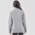 A grey cowl neck pullover is displayed, featuring a relaxed fit and long sleeves. It includes a logo.