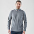 A grey men's 1/4 zip pullover jumper with a chest pocket and long sleeves. It features a logo.