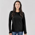 A black crew neck shirt worn by a woman, featuring long sleeves and a simple design. It has a logo on it.