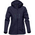 A women's softshell jacket in navy blue with a hood and multiple zippered pockets. It features a logo on the sleeve.
