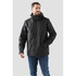 A black men's jacket with a hood, featuring a logo, designed for various weather conditions.