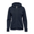 A navy blue women's fleece full zip hoodie featuring a hood and front pockets, with a branding logo.