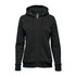A black women's fleece full zip hoody featuring a hood and front pockets, with a logo on it.