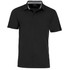 A black polo shirt with a contrasting collar and a logo on the chest. Short-sleeved design.