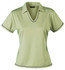 A light green ladies' polo shirt with a v-neck and contrasting trim, featuring a logo on the chest.