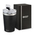 A drink bottle in black with a stainless steel band, accompanied by a black box, featuring a clear lid.
