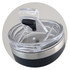 A drink bottle featuring a black exterior, stainless steel base, and a clear lid with a flip top. It has a branding logo.
