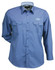 A long-sleeved button-up shirt in light blue with two chest pockets and a logo.