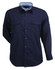 A navy long-sleeve button-up shirt featuring two chest pockets and a contrasting collar, with a logo.