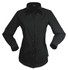 A black long-sleeve button-up shirt for ladies with a chest pocket and a logo. 