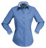 A blue long-sleeve button-up shirt for ladies featuring a chest pocket and rolled sleeves. The shirt has a logo.