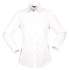 A white long-sleeved button-up ladies' shirt with a branded logo on the collar.