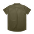 A short-sleeved work shirt in olive green, featuring a back pleat and a collar. It has a logo on the side.