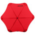 A red umbrella with a unique star shape, featuring a central button and a handle, also displaying a logo.