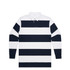 A polo shirt featuring navy blue and white rugby stripes, with long sleeves and a collar. It has a logo on the chest.