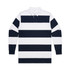 A rugby stripe polo shirt featuring alternating navy blue and white horizontal stripes. It has a collar and long sleeves.
