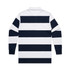 A polo shirt featuring bold navy and white rugby stripes, with long sleeves and a collar, displaying a logo.