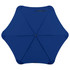 A blue umbrella with a hexagonal shape and a central rib, featuring a logo on the handle.